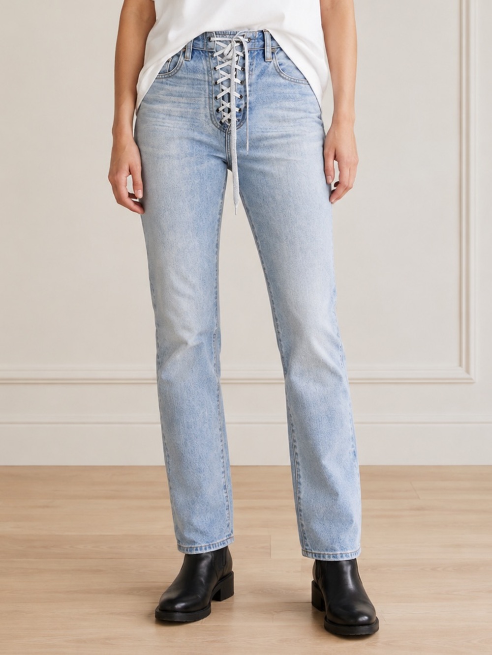 NWT One Teaspoon Truckers Jeans Size 26 Lace Up Mid Rise Straight Leg Light Wash